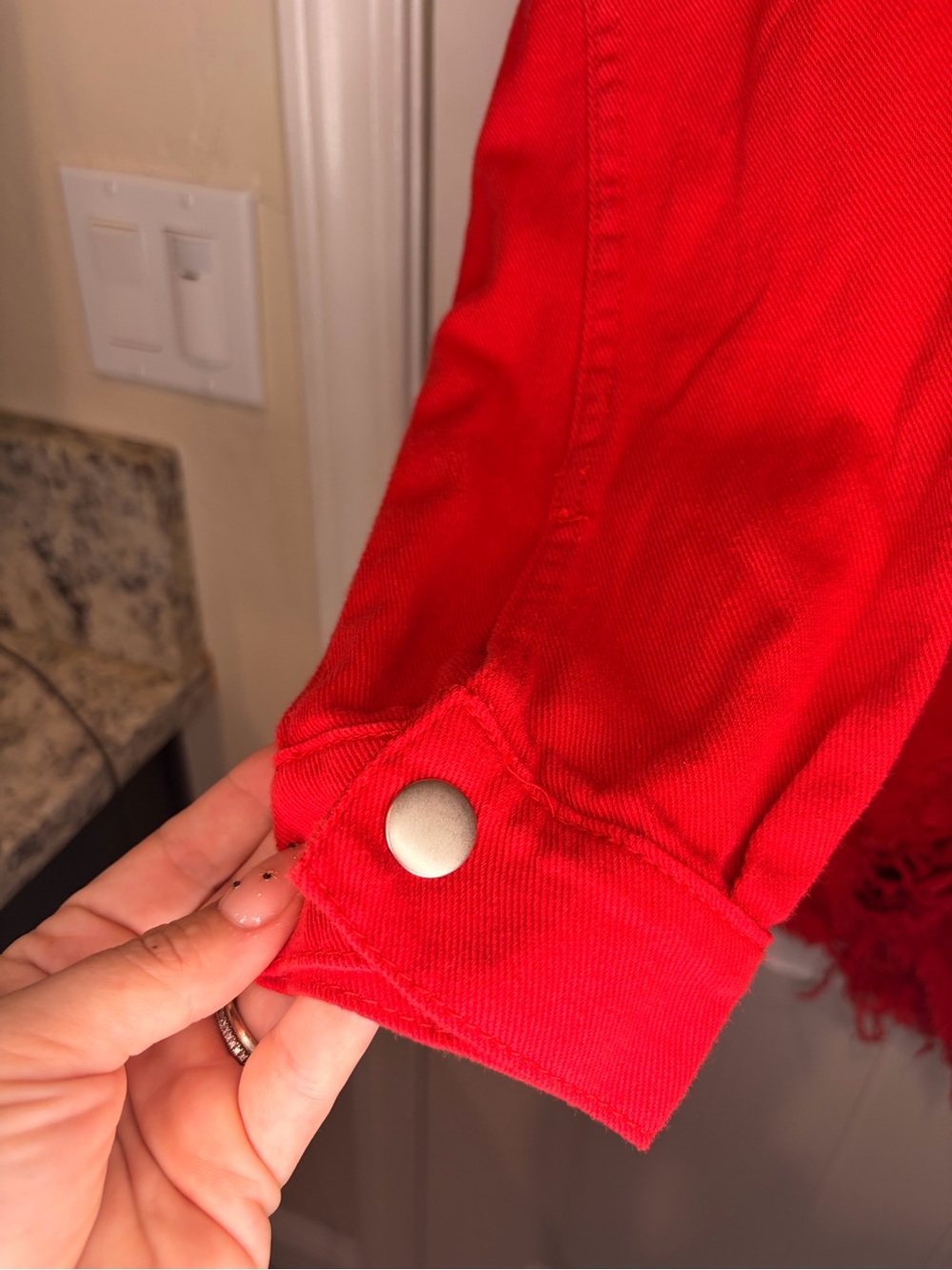 Women’s Red Distressed Button-Front Romper - Picture 4 of 7
